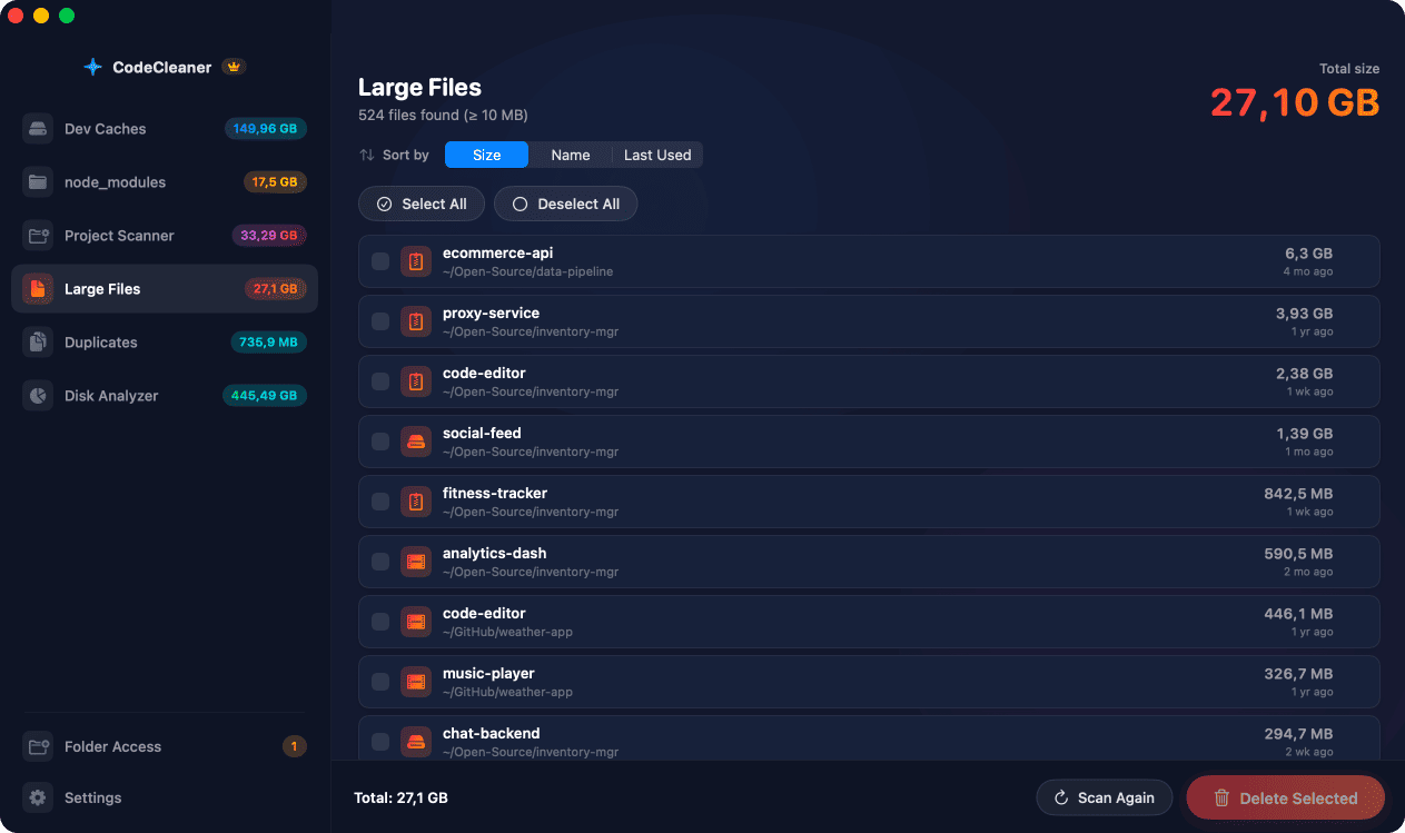 CodeCleaner Large File Finder scanning for files over 100 MB across the home directory, identifying forgotten disk images, database dumps, and large archives